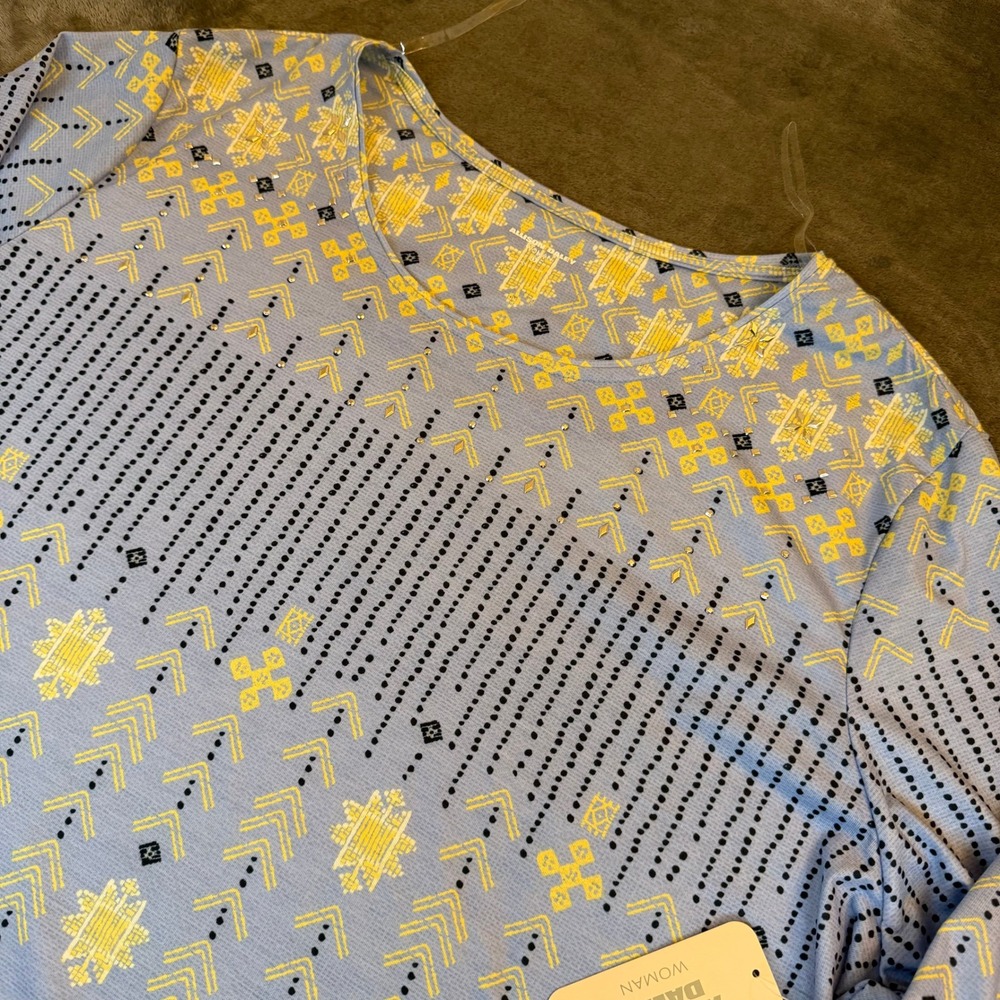 Allison Daley Woman Tunic Top Womens 3X Blue Geometric Rhinestone 3/4 Sleeve NWT